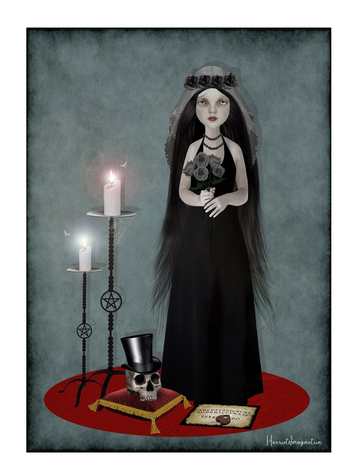 Dark romance art print featuring a gothic bride and skull, macabre decor for gothic home and wedding themes.