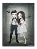 Illustration of a vampire couple in formal attire with bloodstains, standing in a forest setting.