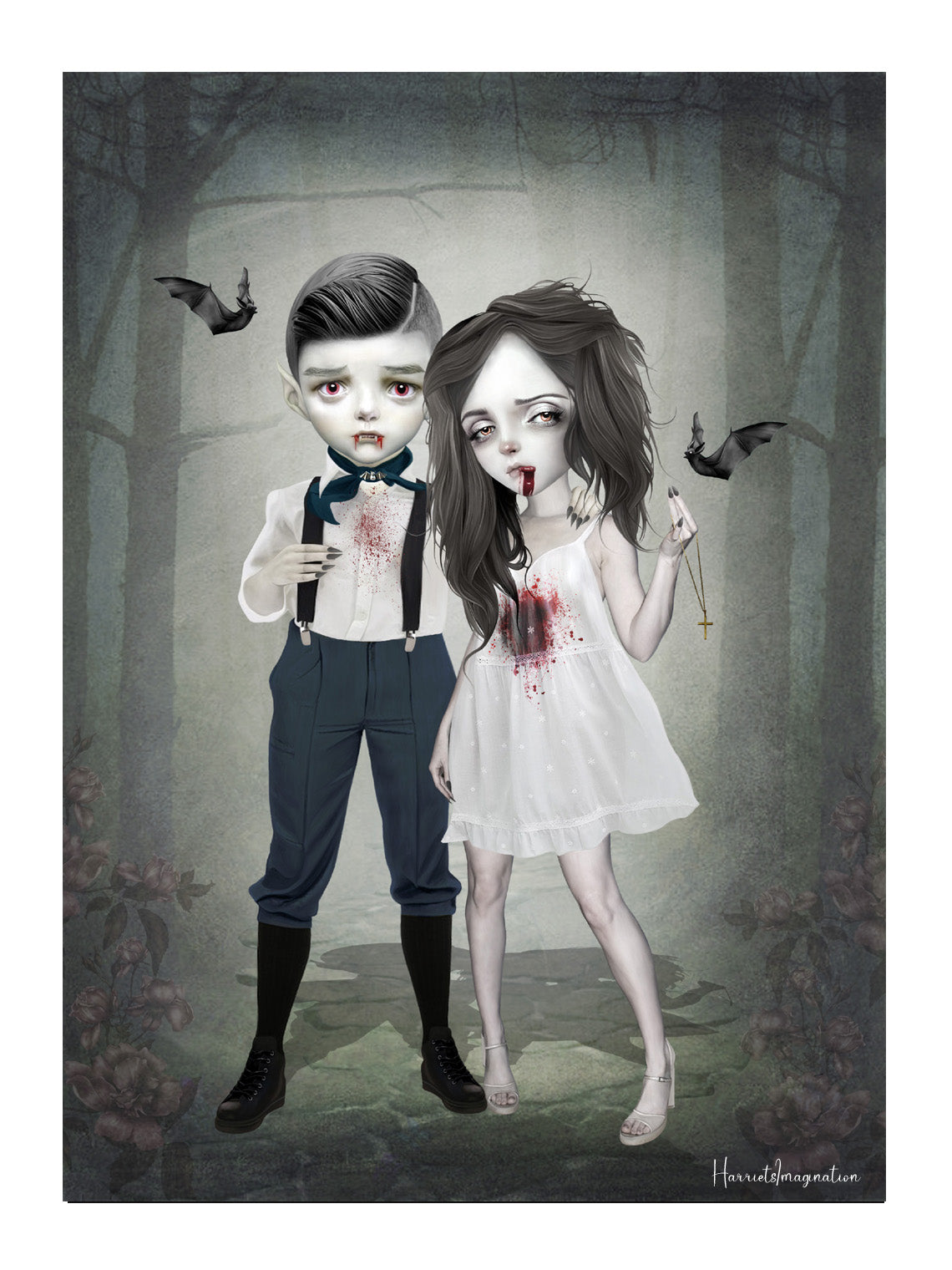 Illustration of a vampire couple in formal attire with bloodstains, standing in a forest setting.