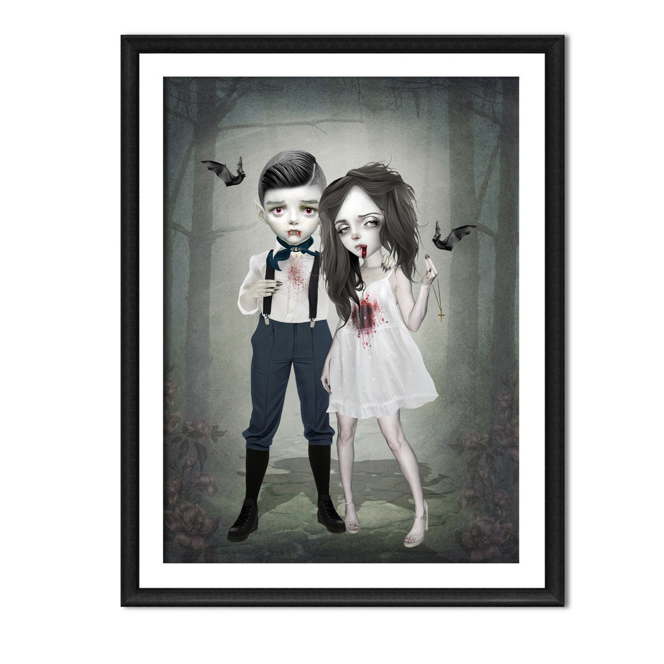 Framed artwork of a vampire boy and girl in a dark forest setting with bloodstains on their clothes.