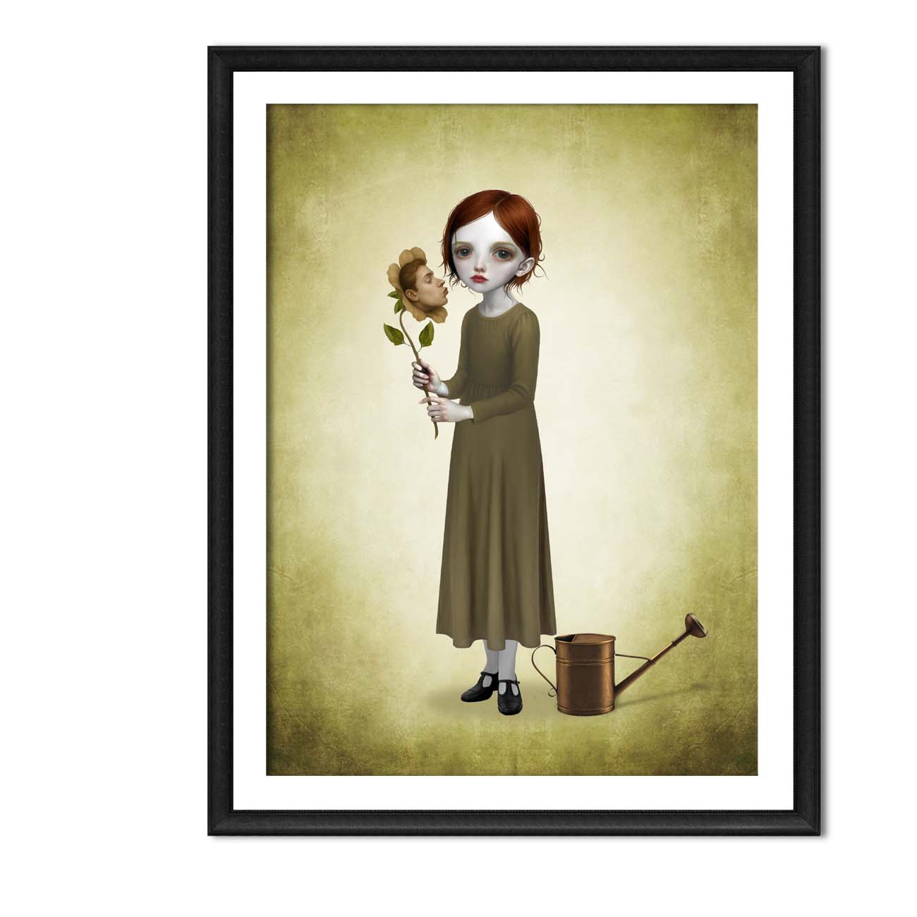 Black framed dark romance art print hung on a white wall, showcasing a macabre botanical illustration of a girl and a face-flower.