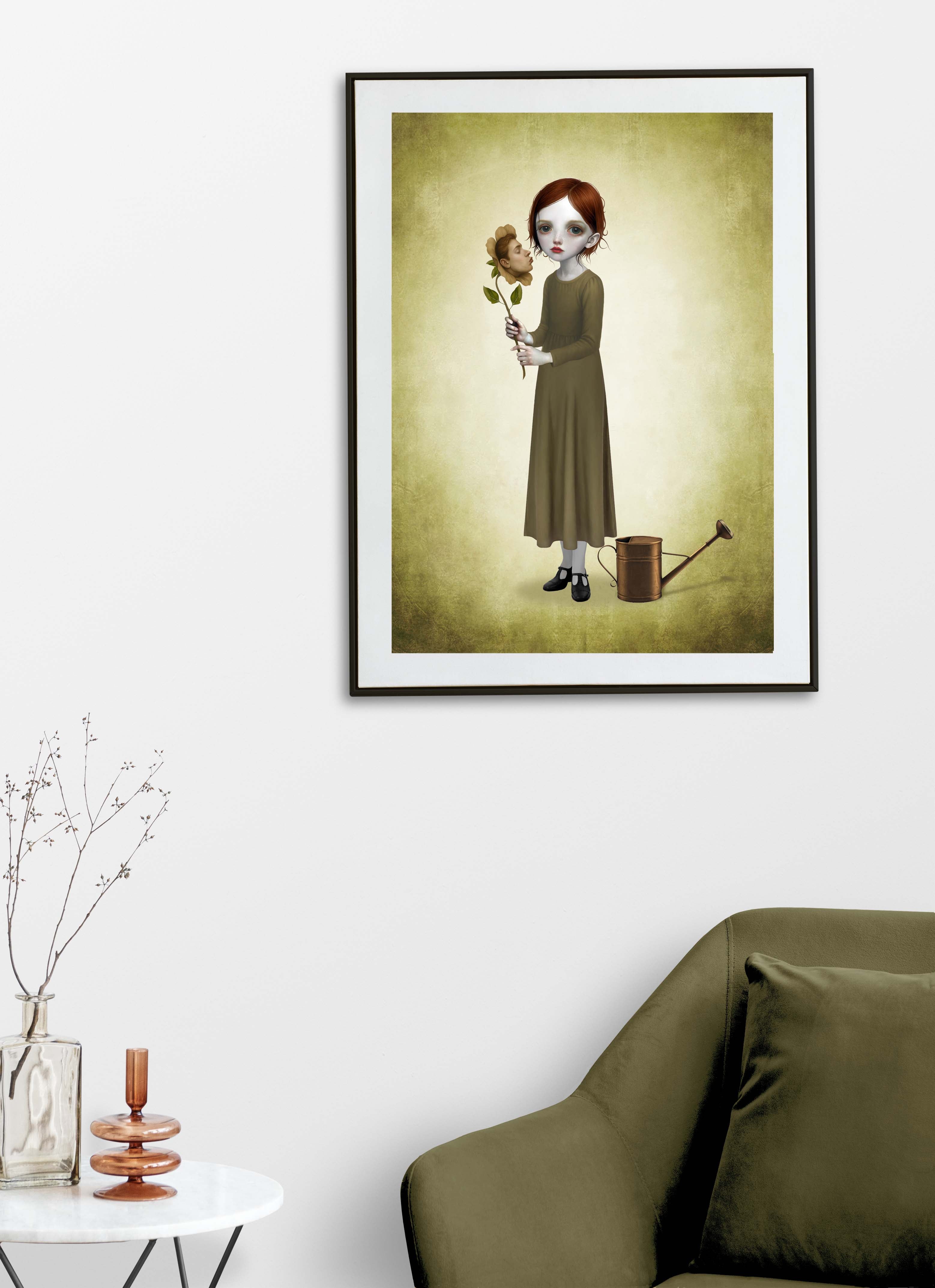 Macabre wall decor featuring a framed print of the He Loves Me He Loves Me Not illustration styled above a chair for a dark romantic home.