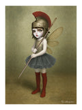 Surreal fantasy art print features a fierce, big-eyed dark fairy dressed as an ancient warrior. Donning a magnificent Roman-style plumed helmet and holding a sewing needle as a spear.
