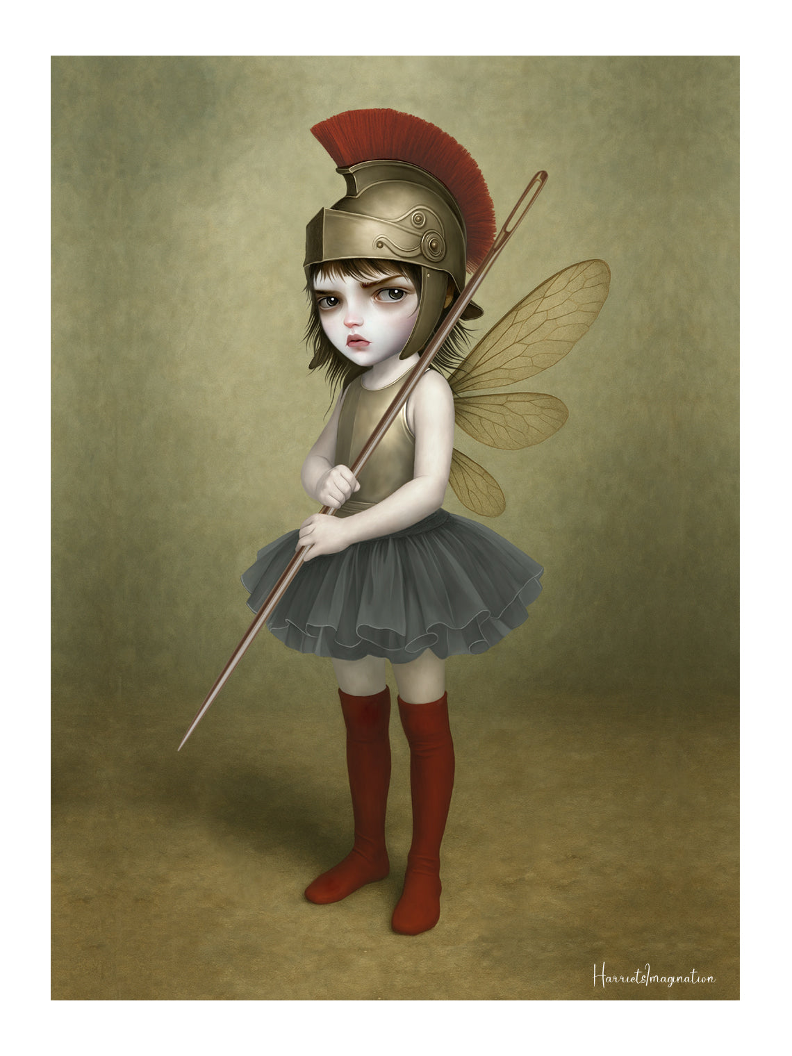 Surreal fantasy art print features a fierce, big-eyed dark fairy dressed as an ancient warrior. Donning a magnificent Roman-style plumed helmet and holding a sewing needle as a spear.