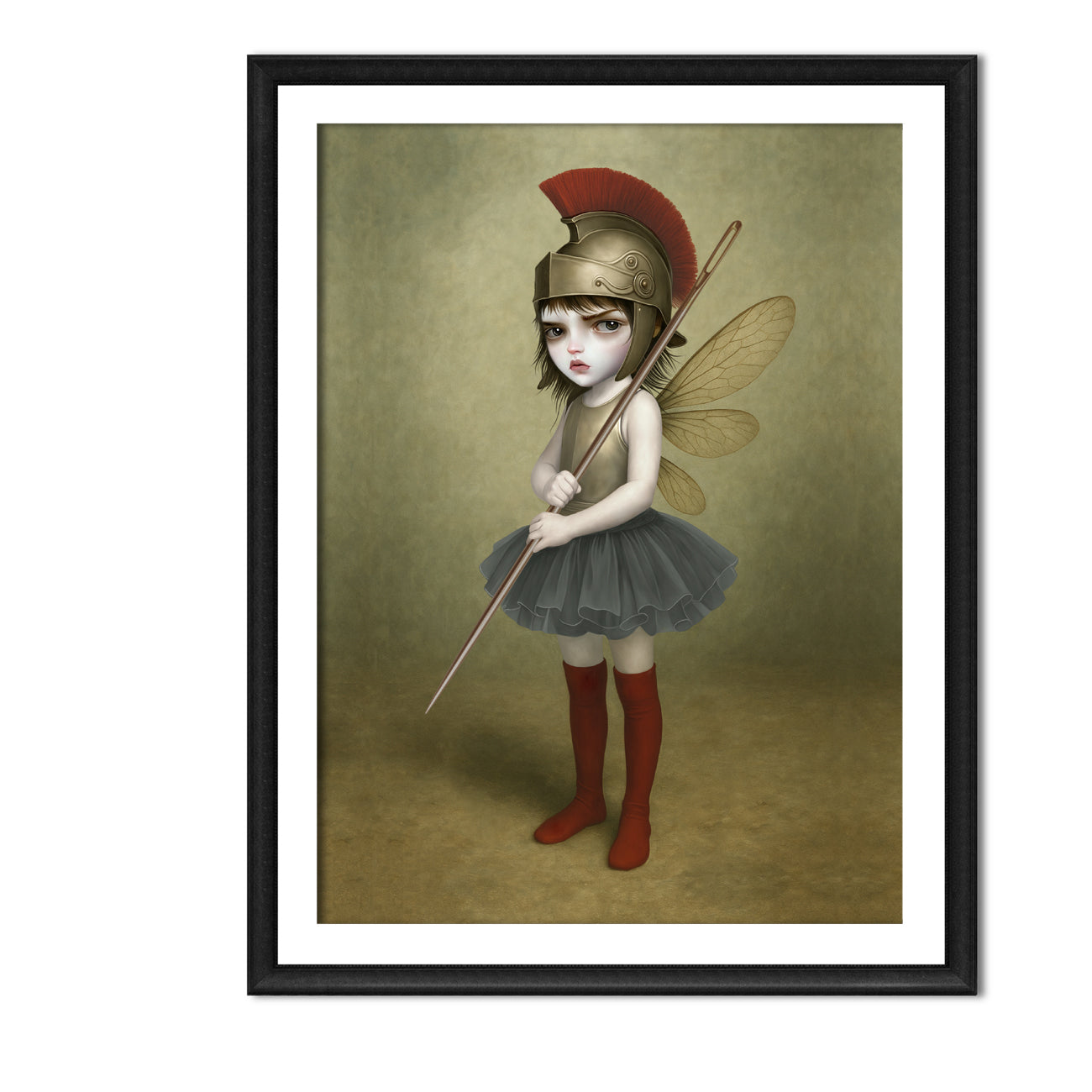 surreal fantasy art print in an A3 frame features a fierce, big-eyed dark fairy dressed as an ancient warrior. Donning a magnificent Roman-style plumed helmet and holding a sewing needle as a spear.