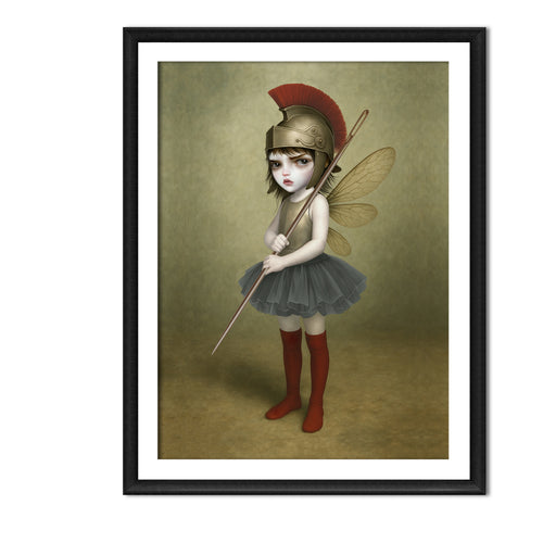 surreal fantasy art print in an A3 frame features a fierce, big-eyed dark fairy dressed as an ancient warrior. Donning a magnificent Roman-style plumed helmet and holding a sewing needle as a spear.