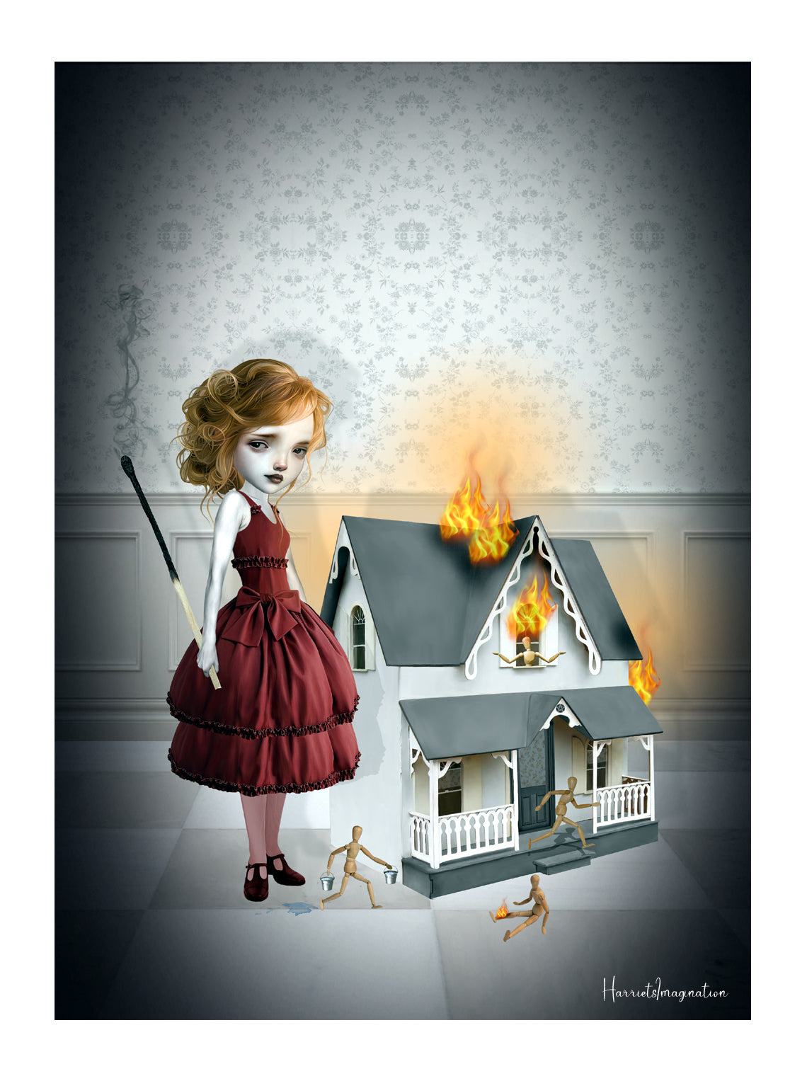 Surreal art print featuring a girl in a red dress holding an oversized burnt match next to a flaming miniature dollhouse, this pop surrealism art piece is filled with eerie details like tiny wooden mannequins fleeing the fire.