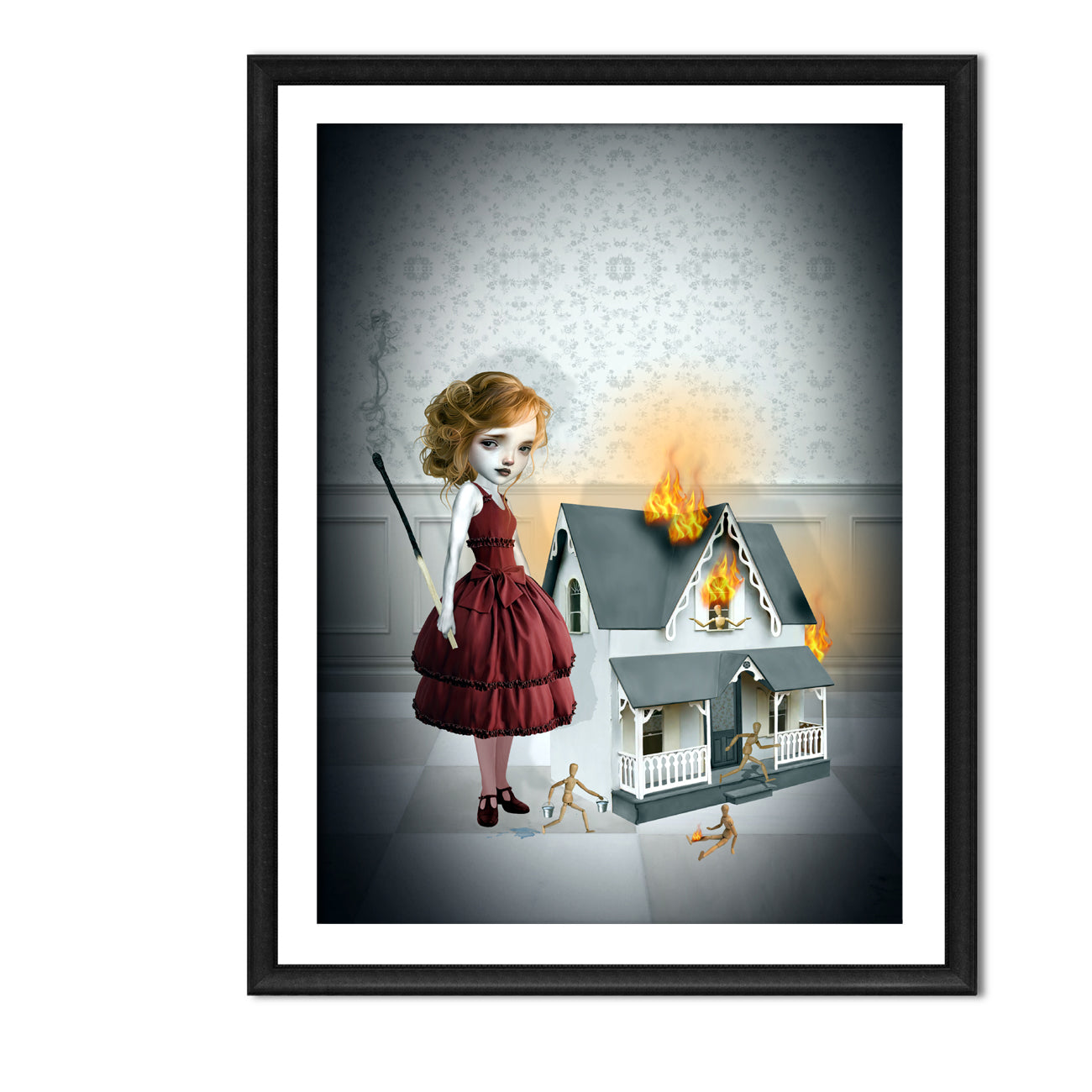 Surreal art print in an A4 frame featuring a girl in a red dress holding an oversized burnt match next to a flaming miniature dollhouse, this pop surrealism art piece is filled with eerie details like tiny wooden mannequins fleeing the fire.