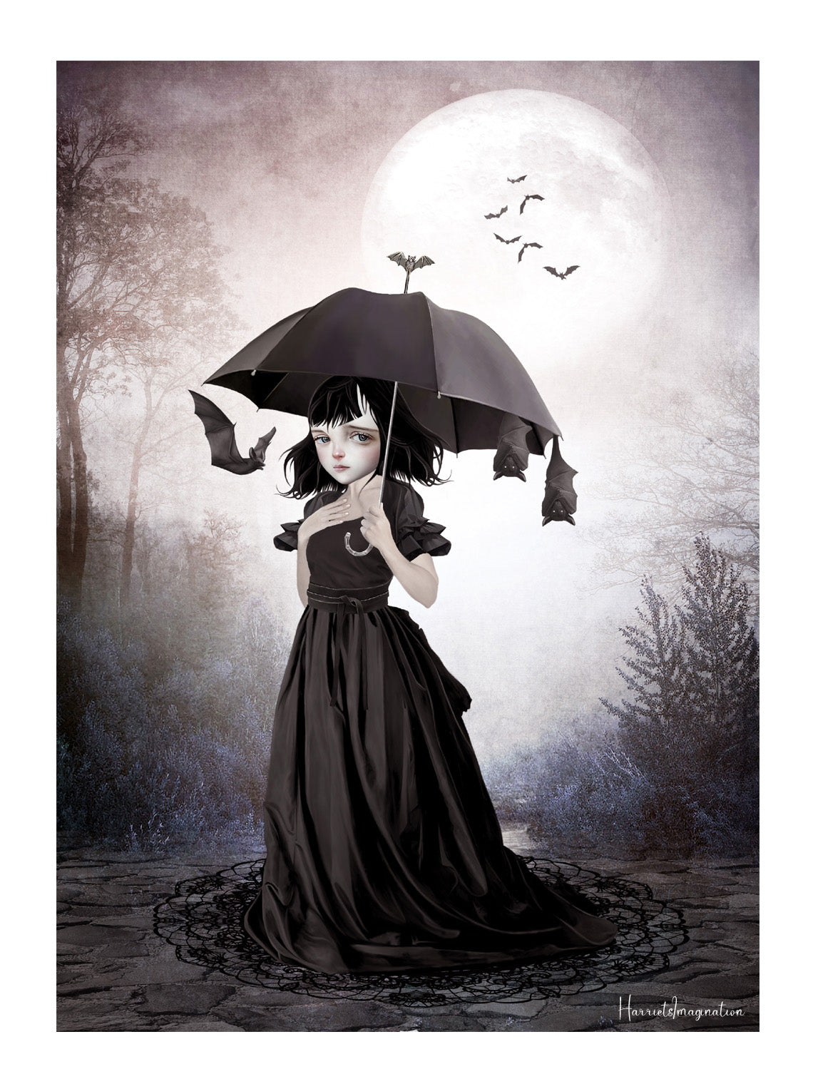 A dark fantasy art print featuring a gothic girl with a black umbrella and flying bats