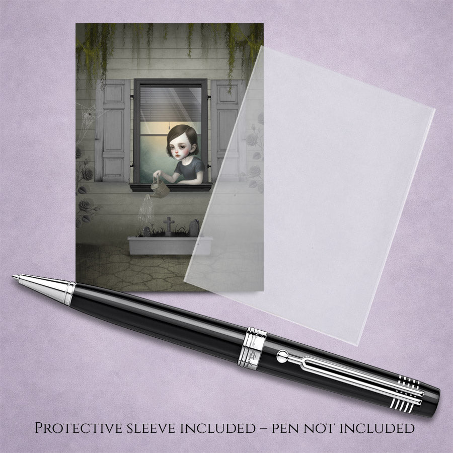 Creepy cute miniature print of a gothic girl watering graves. comes with a protective sleeve.