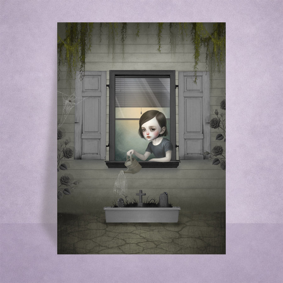 Dark surrealism girl window ACEO art card and creepy cute miniature print of a gothic girl watering graves, displayed on a lilac background.