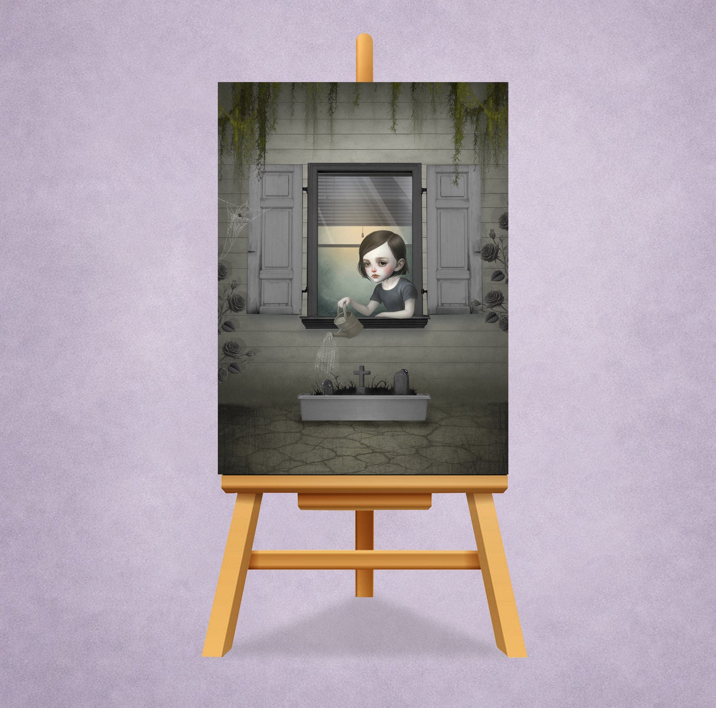 Creepy cute miniature print displayed on a small easel stand featuring a gothic girl watering graves. 