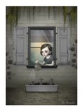 Dark surrealism girl window art print featuring a gothic girl watering a miniature graveyard planter with roses.