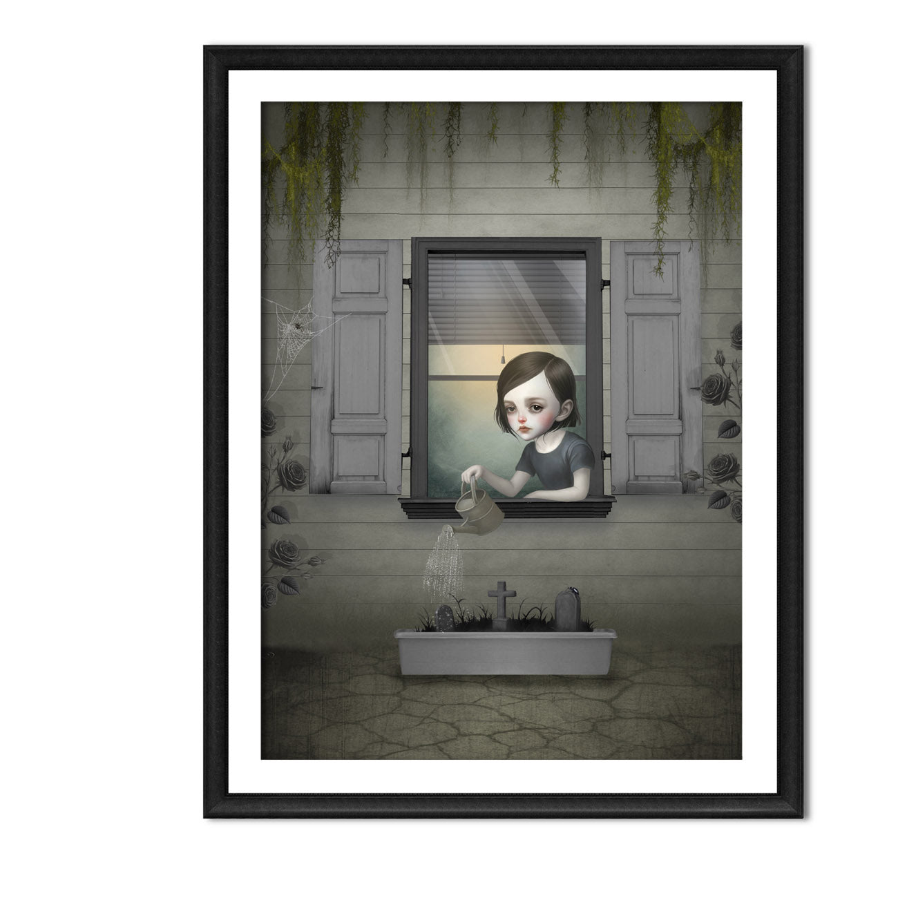 Dark surrealism girl window art print  in an A4 frame featuring a gothic girl watering a miniature graveyard planter with roses.