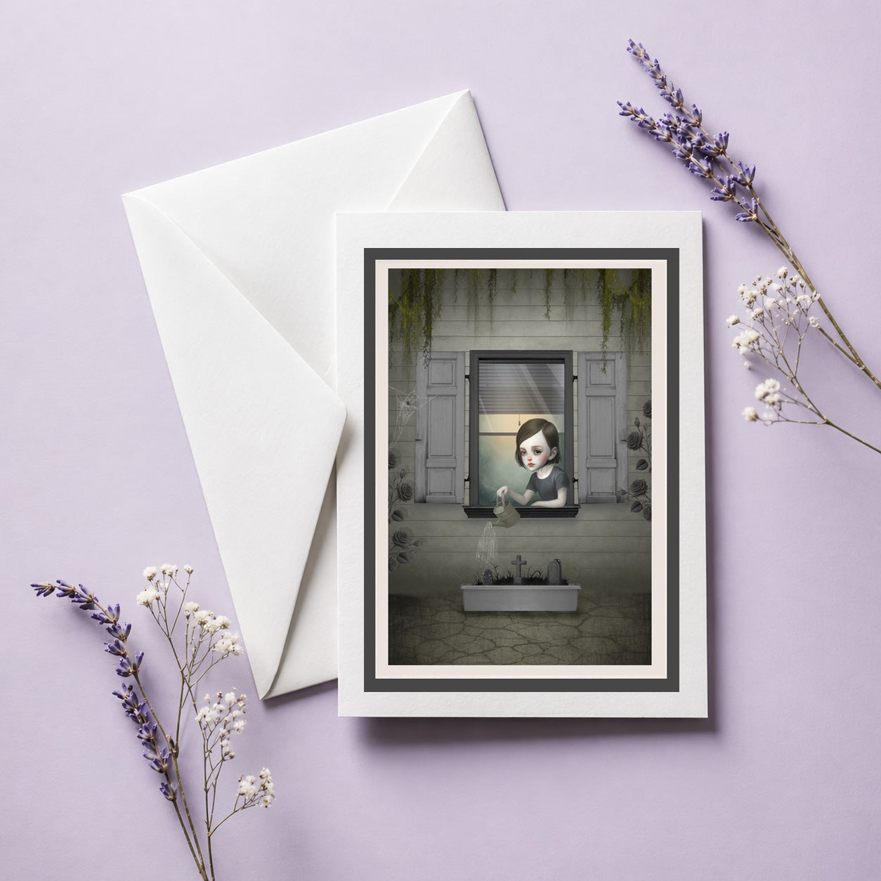 Dark surrealism girl window greeting card and creepy cute gothic note card of a gothic girl watering graves.