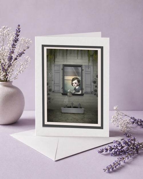 Dark surrealism girl window greeting card & envelope  and creepy cute gothic note card of a gothic girl watering graves.