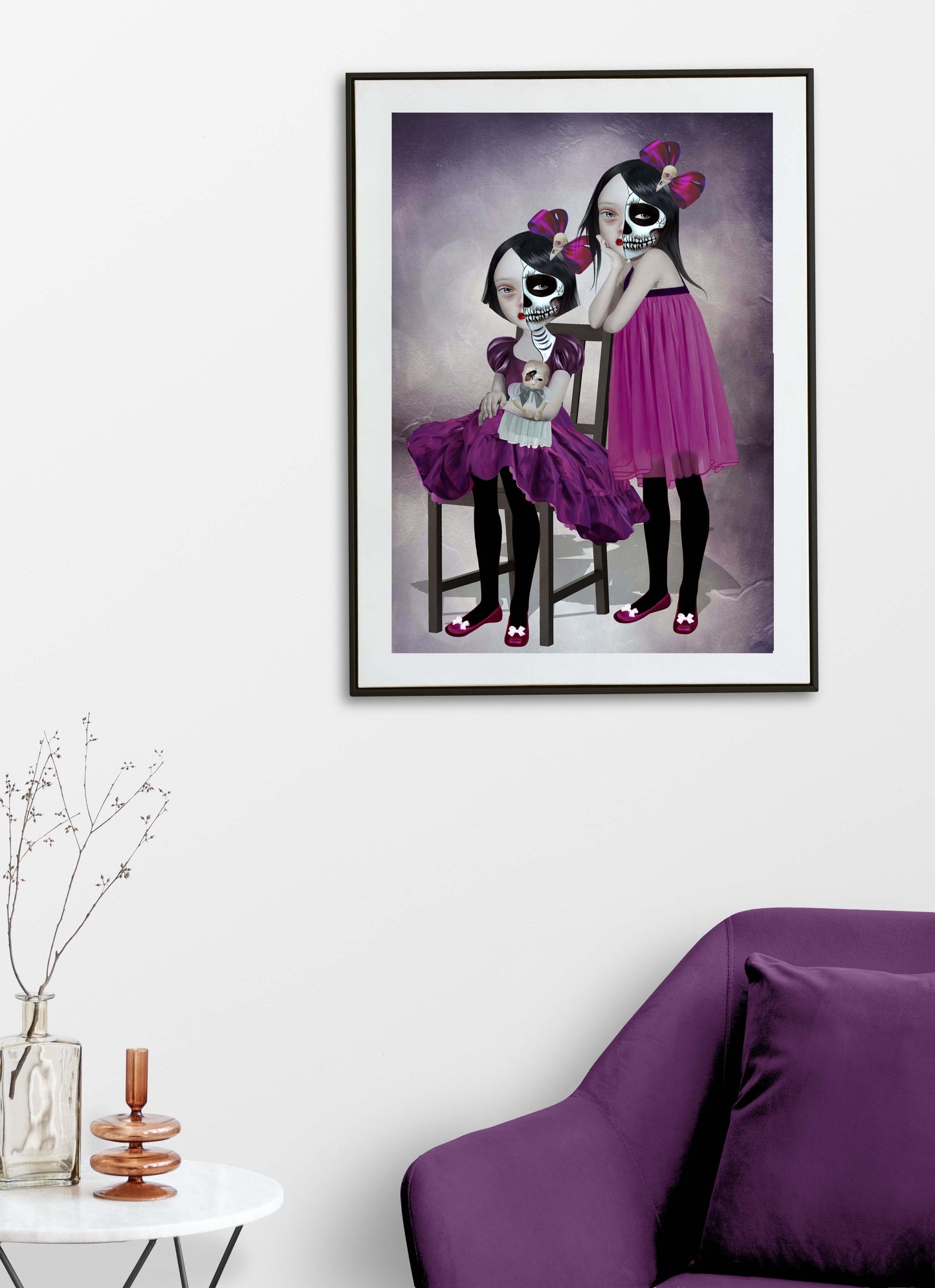 Day Of The Dead art print hanging on the wall of a modern living room. Perfect for adding a creepy cute touch to gothic or alternative home decor.