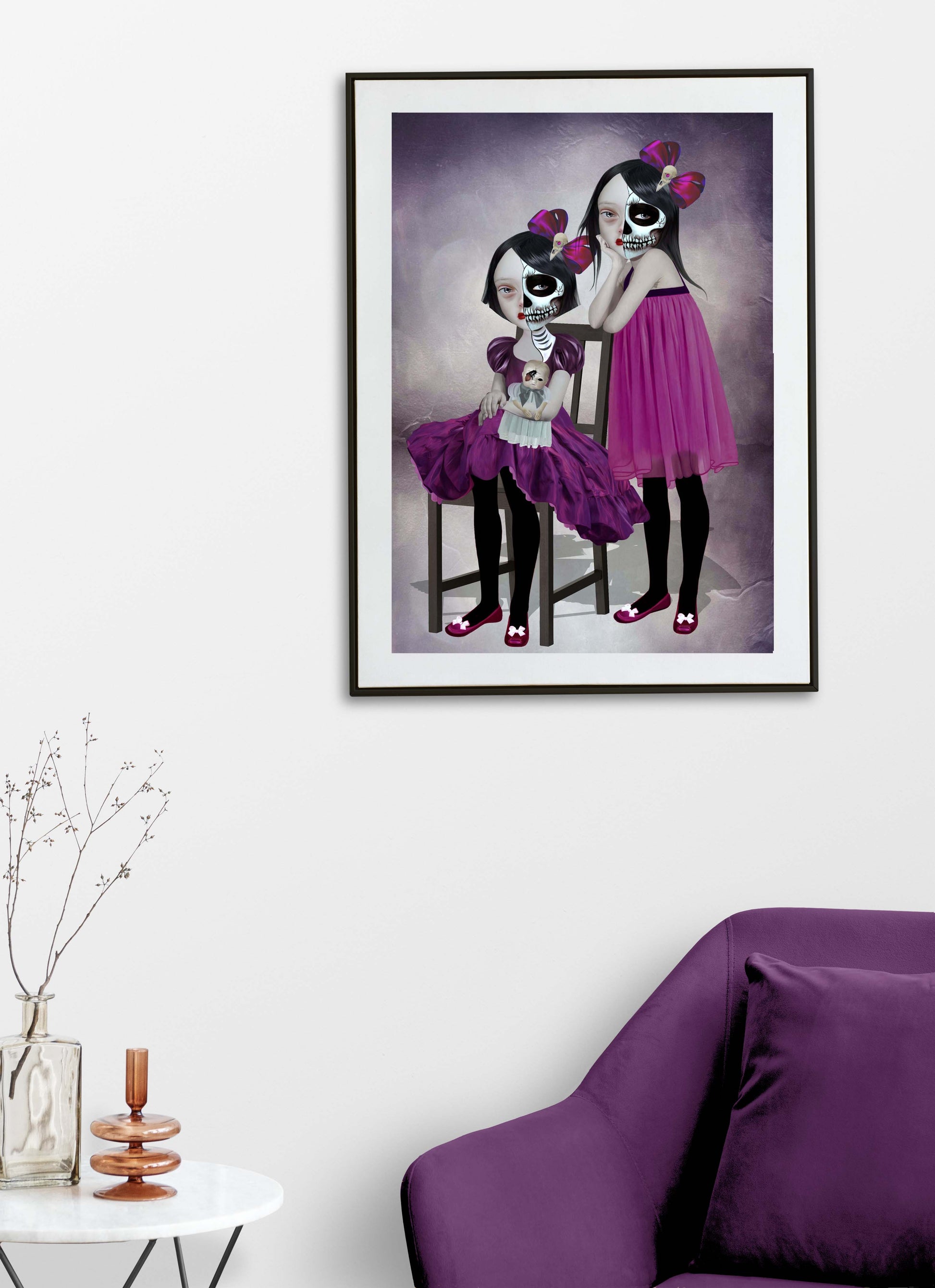 Day Of The Dead art print hanging on the wall of a modern living room. Perfect for adding a creepy cute touch to gothic or alternative home decor.