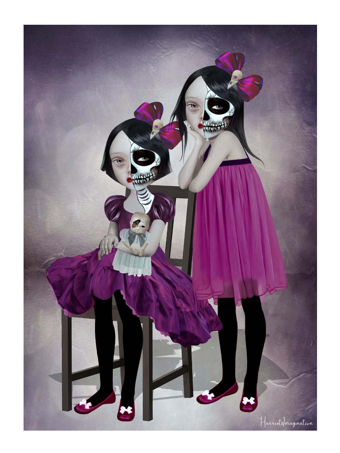 A Creepy cute art print featuring sisters celebrating Dia de los Muertos, displayed without a frame.