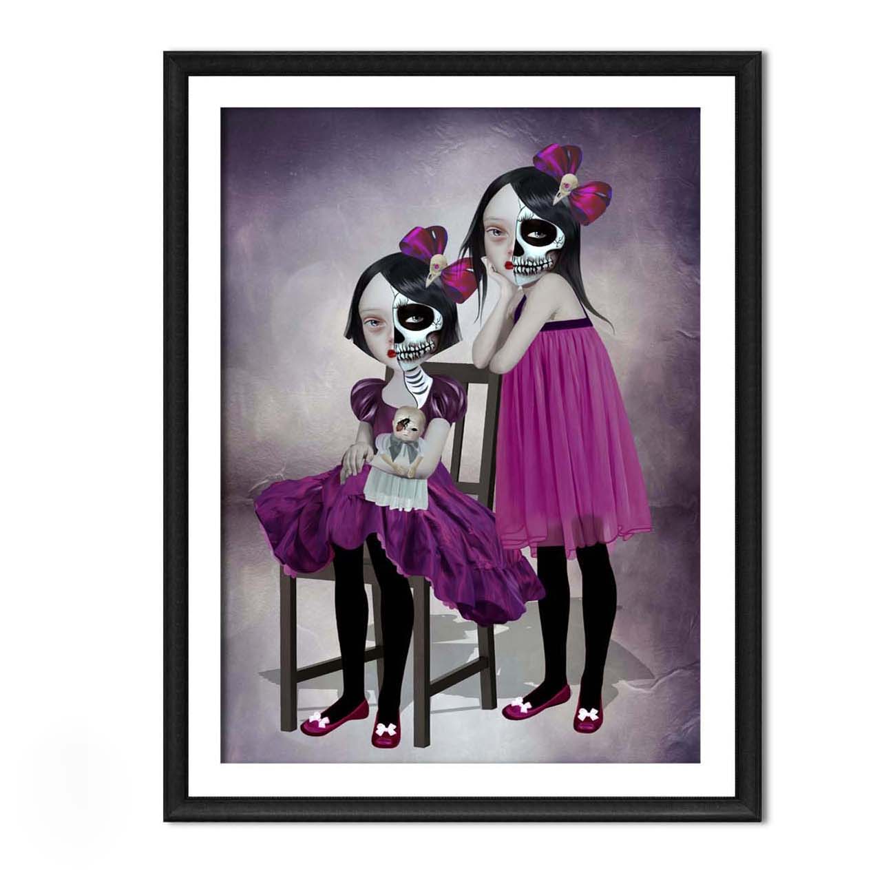 Day of the dead sisters art print in a sleek frame, set against a white background.