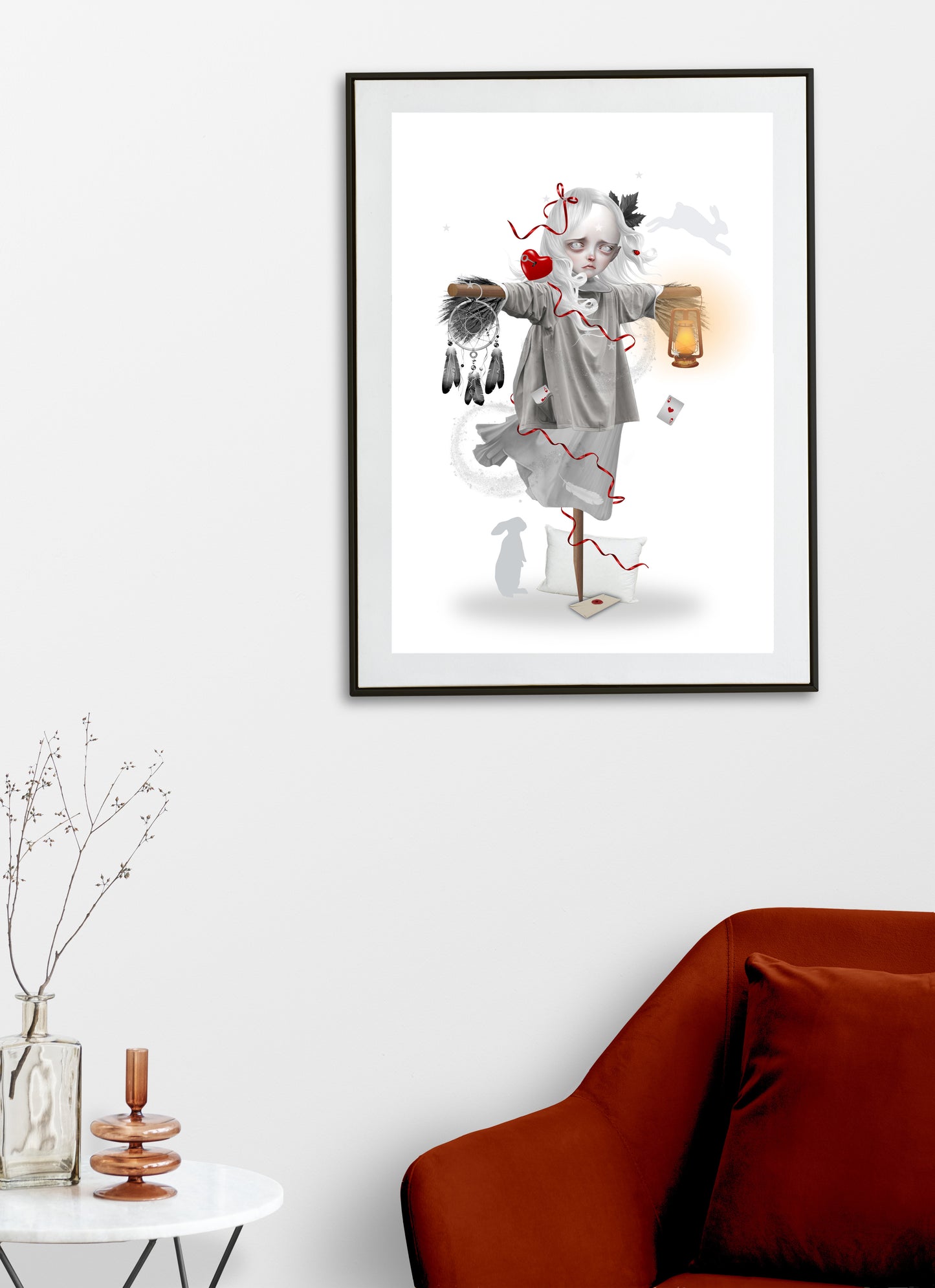 Dream scarecrow art print hanging on the wall of a modern living room. Perfect for adding a dreamy touch to  home decor.