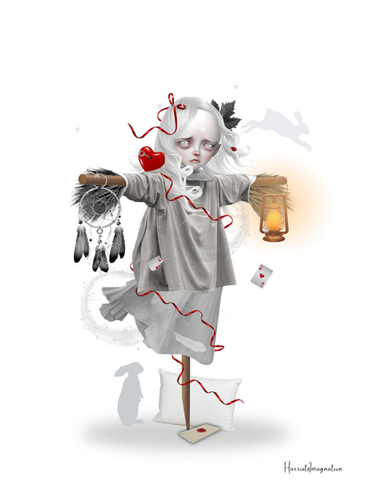 A dreamy art print featuring a Dream Scarecrow, displayed without a frame.