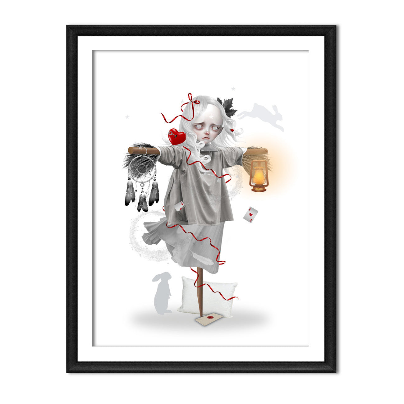 Dream scarecrow art print in a sleek frame, set against a white background.