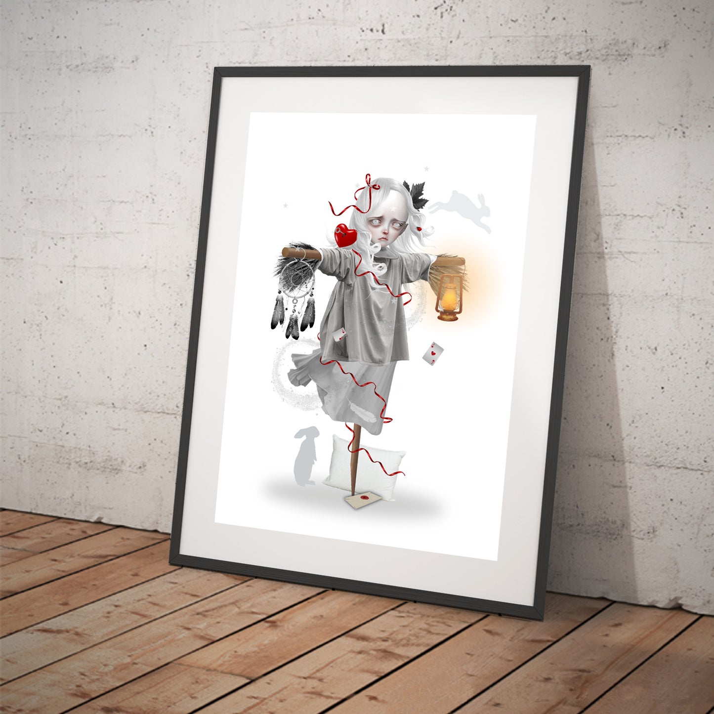 Art print featuring a Dream Scarecrow. Displayed in a tilted frame for a stylish presentation. Perfect for Dreamy -themed decor.