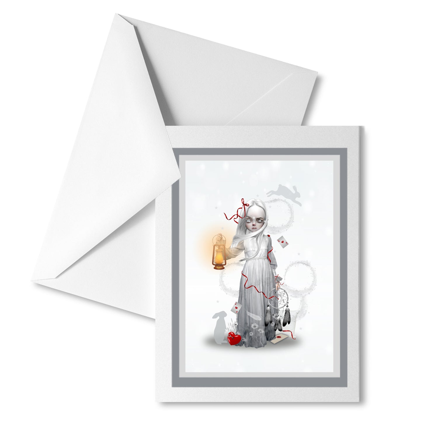 Dreaming Girl Art Greeting Card. This dreamy greeting card features a sleepwalking girl with a dream catcher and lantern.