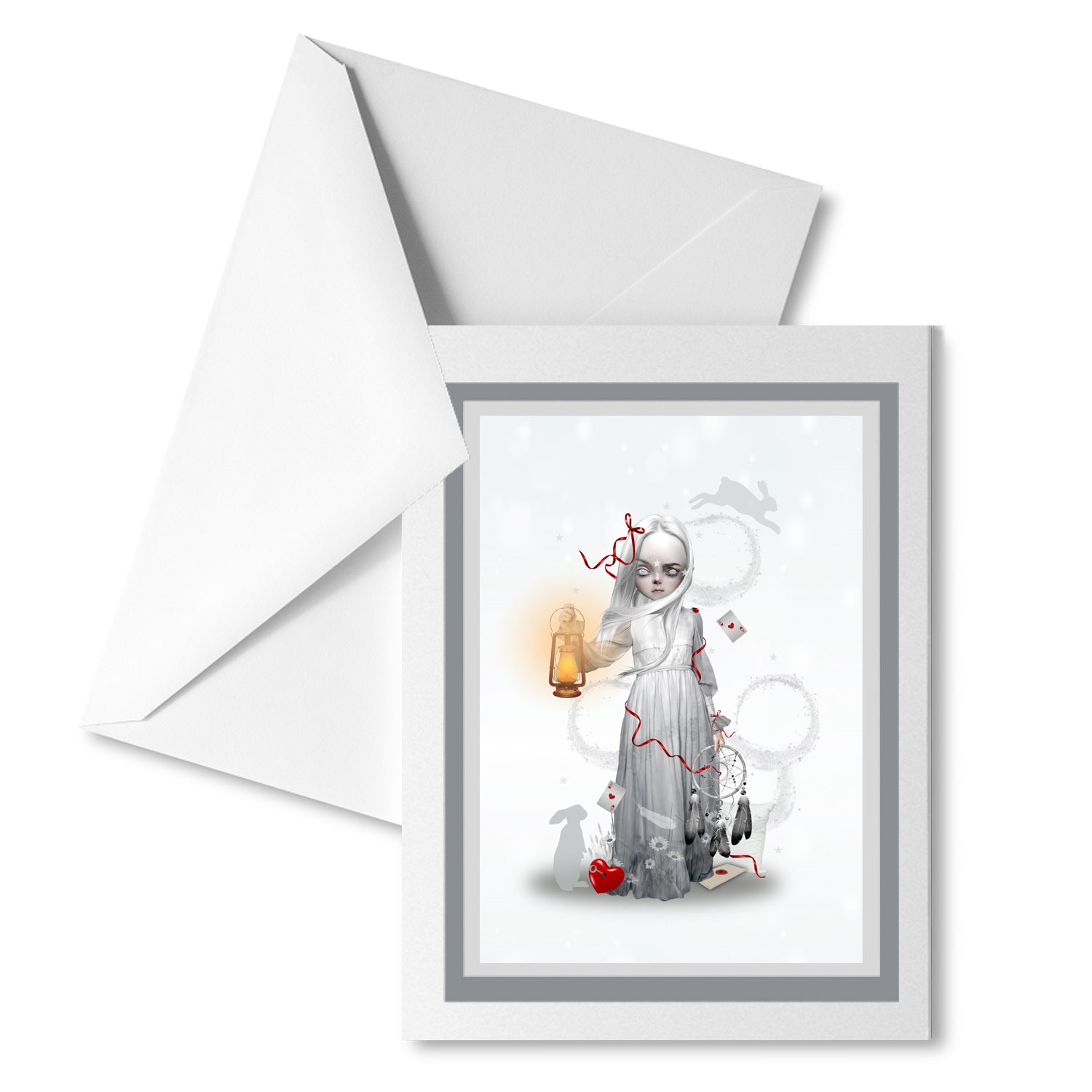 Dreaming Girl Art Greeting Card. This dreamy greeting card features a sleepwalking girl with a dream catcher and lantern.