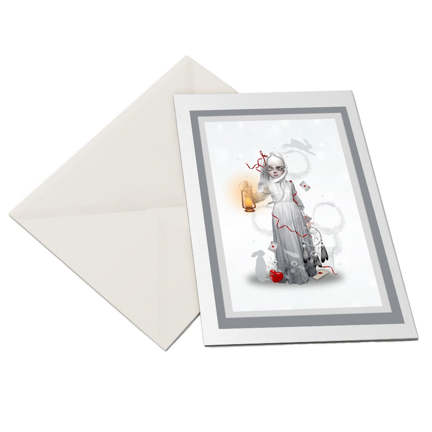  Dream Art. This dreamy greeting card features a sleepwalking girl with a dream catcher and lantern, 