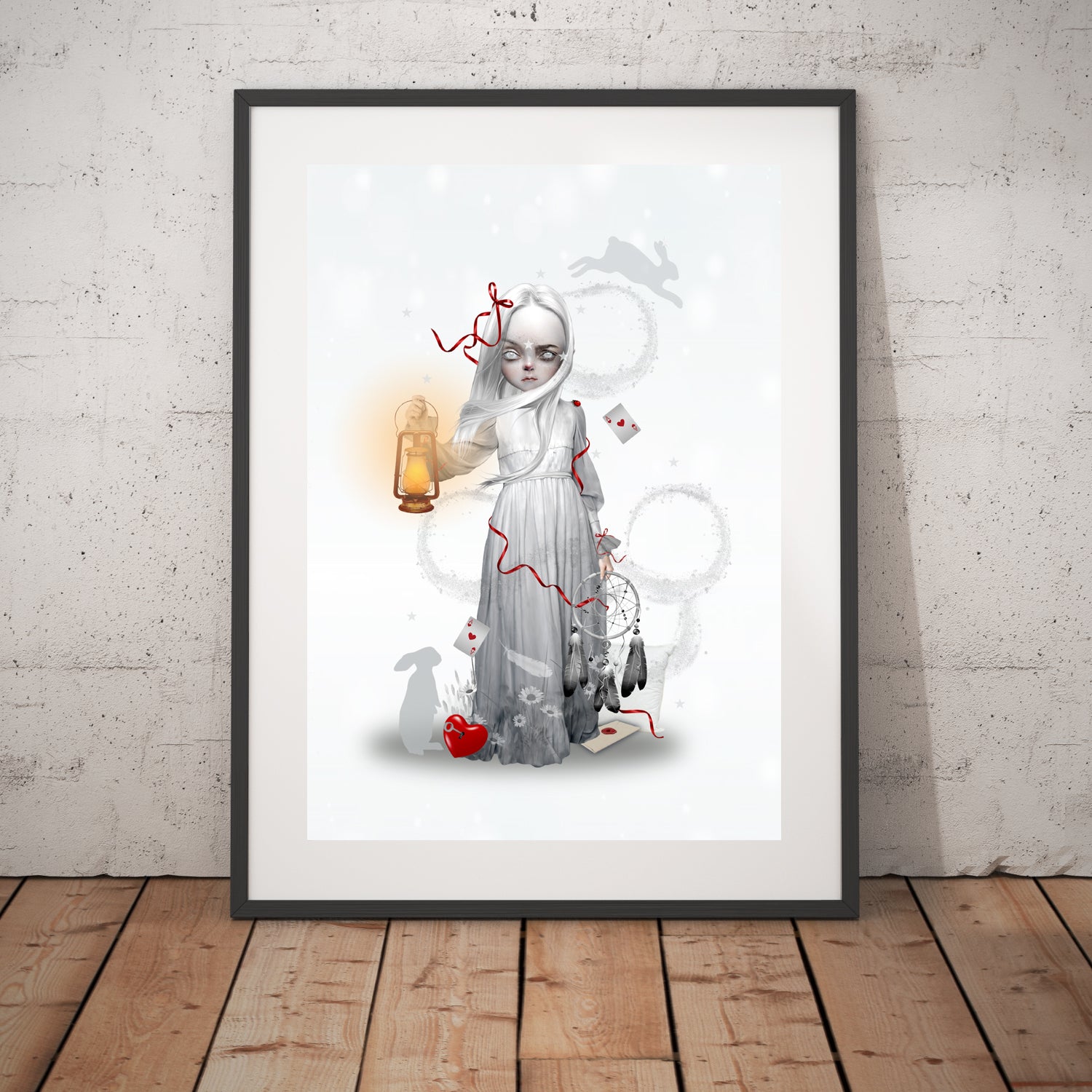 Dreaming art print, a sleepwalking girl with dreamcatcher drifts through a dreamlike landscape, holding a lantern that casts a soft, guiding light.