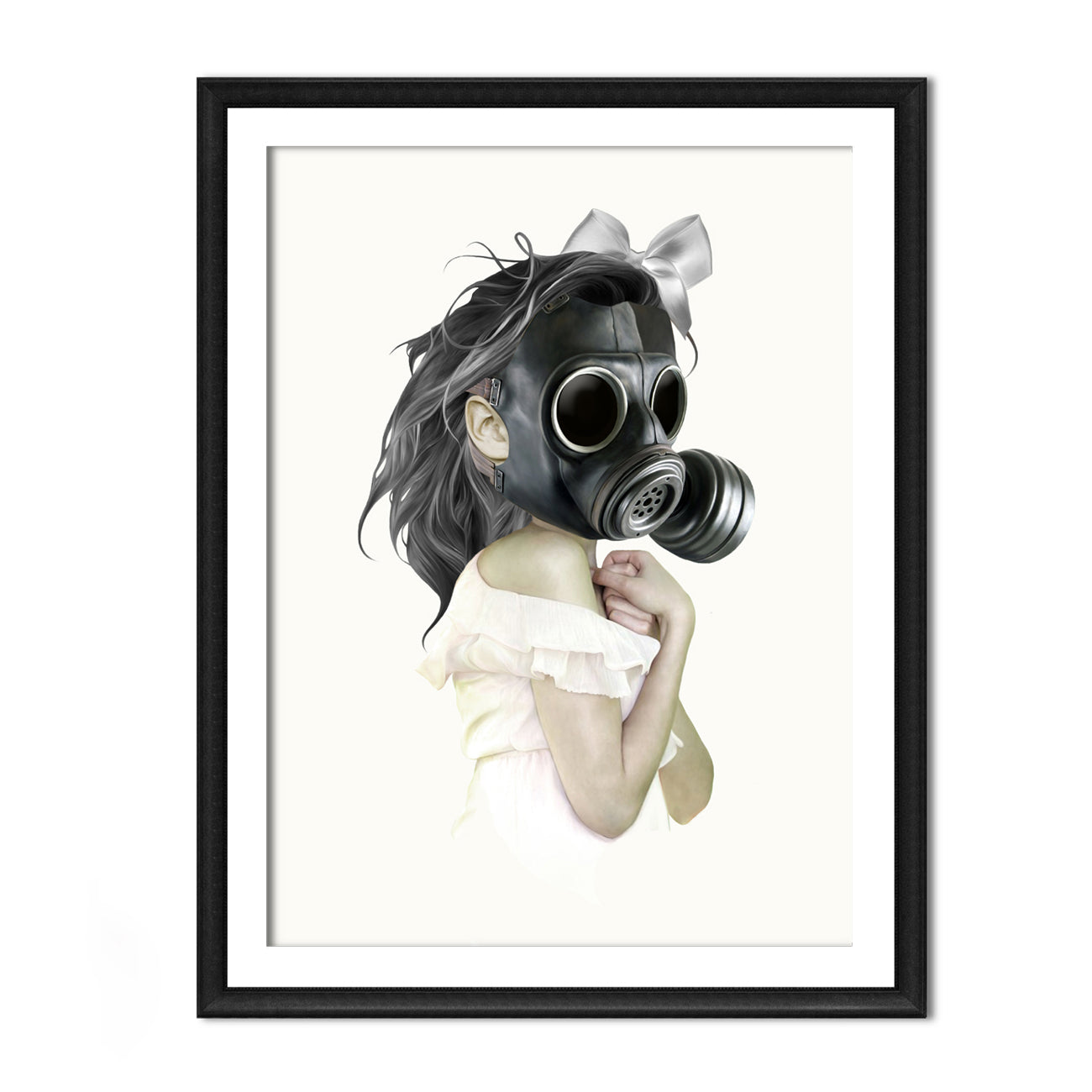 Edgy wall art print, the image is a girl clad in white donning a gas mask.