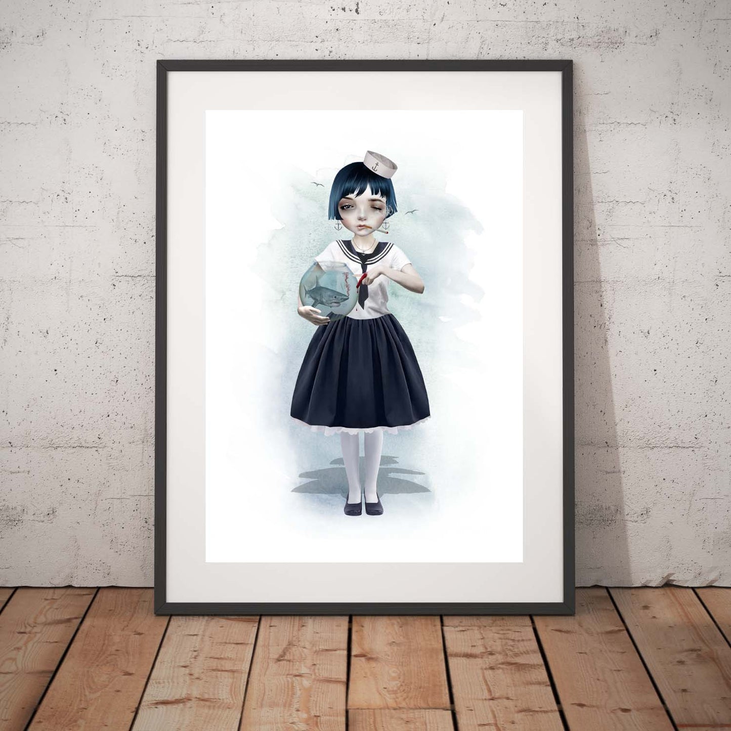 Edgy Wall art print, a sailor girl, casually smoking a cigarette, holding a goldfish bowl with a miniature shark swimming inside.