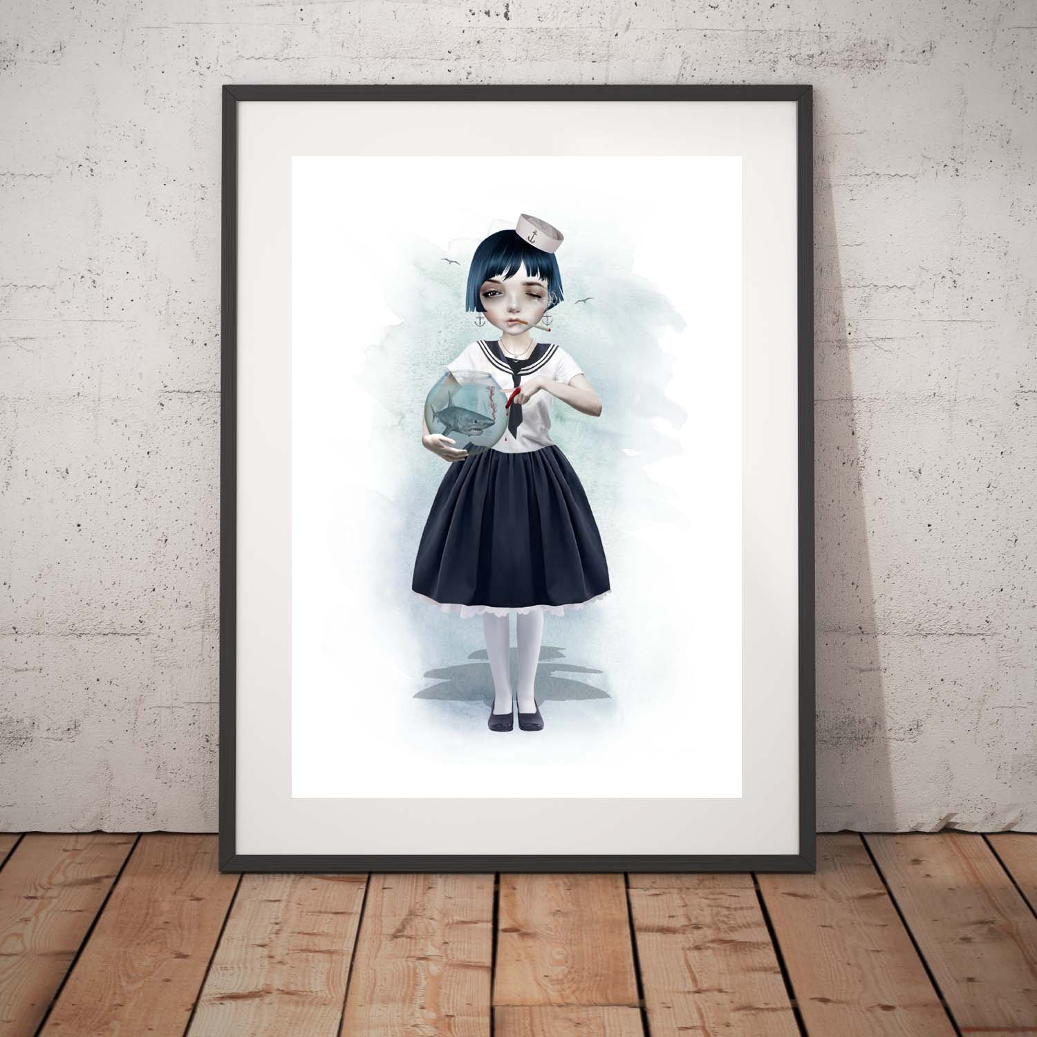 Edgy Wall art print, a sailor girl, casually smoking a cigarette, holding a goldfish bowl with a miniature shark swimming inside.