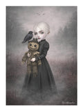 Eerie gothic art print features a pale, platinum-haired girl clad in a sweeping, dark Victorian-style dress. In her arms, she cradles a stitched, creepy-cute scarecrow doll, while a solitary black crow perches quietly on its brimmed hat, watching a distant flock circle overhead. 