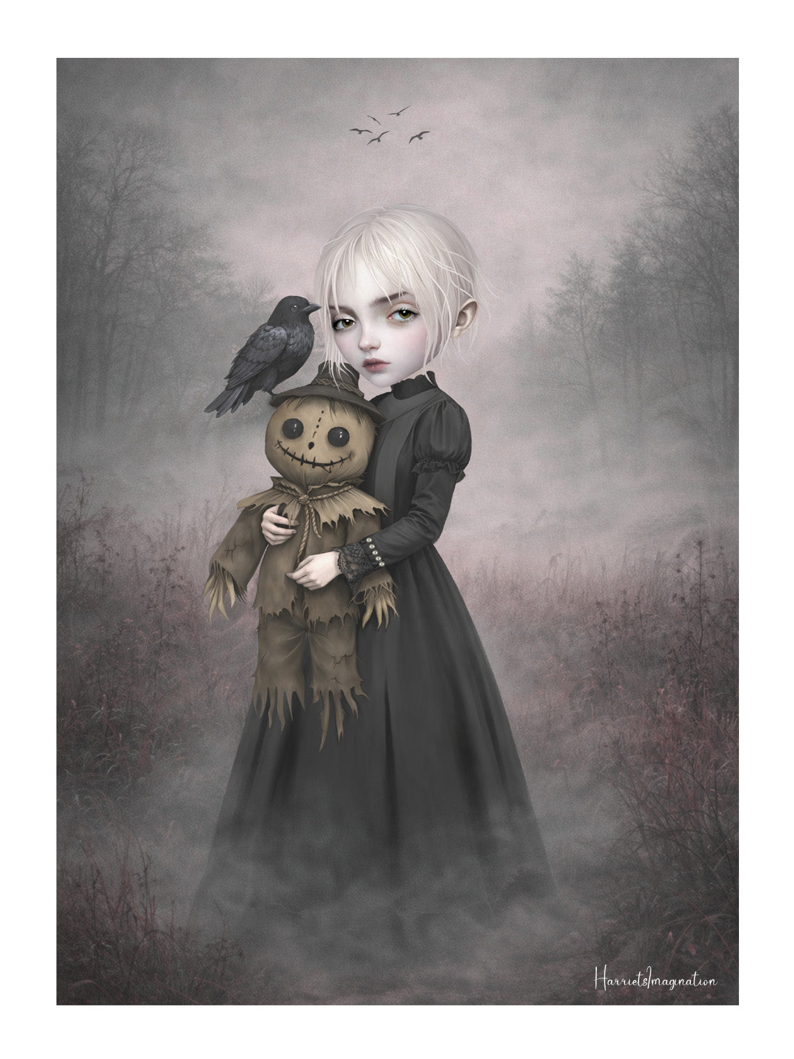 Eerie gothic art print features a pale, platinum-haired girl clad in a sweeping, dark Victorian-style dress. In her arms, she cradles a stitched, creepy-cute scarecrow doll, while a solitary black crow perches quietly on its brimmed hat, watching a distant flock circle overhead. 