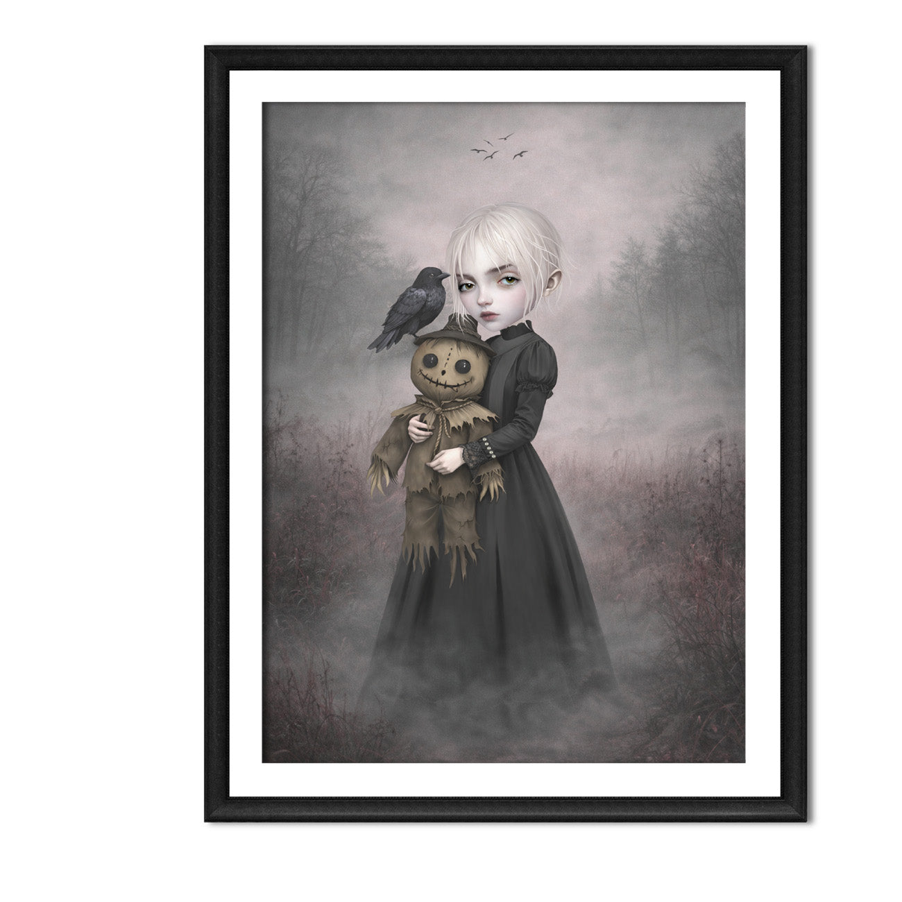 Eerie gothic art print in an A4 frame features a pale, platinum-haired girl clad in a sweeping, dark Victorian-style dress. In her arms, she cradles a stitched, creepy-cute scarecrow doll, while a solitary black crow perches quietly on its brimmed hat, watching a distant flock circle overhead. 