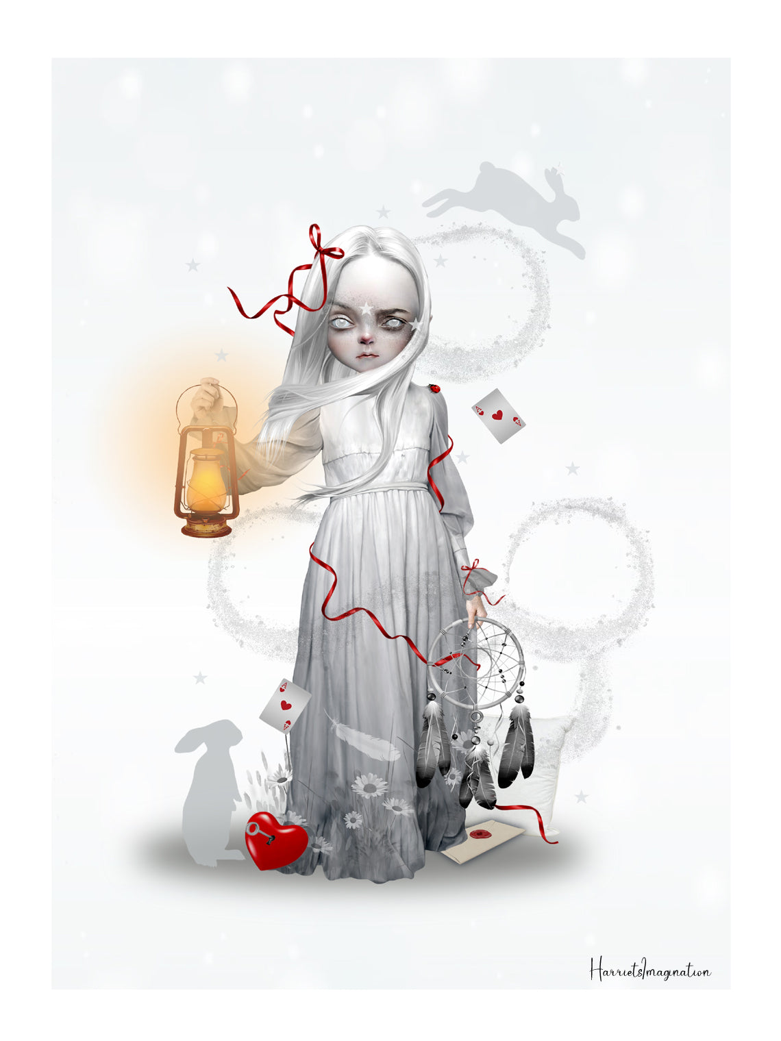 Ethereal art print, a sleepwalking girl with dreamcatcher drifts through a dreamlike landscape, holding a lantern that casts a soft, guiding light.
