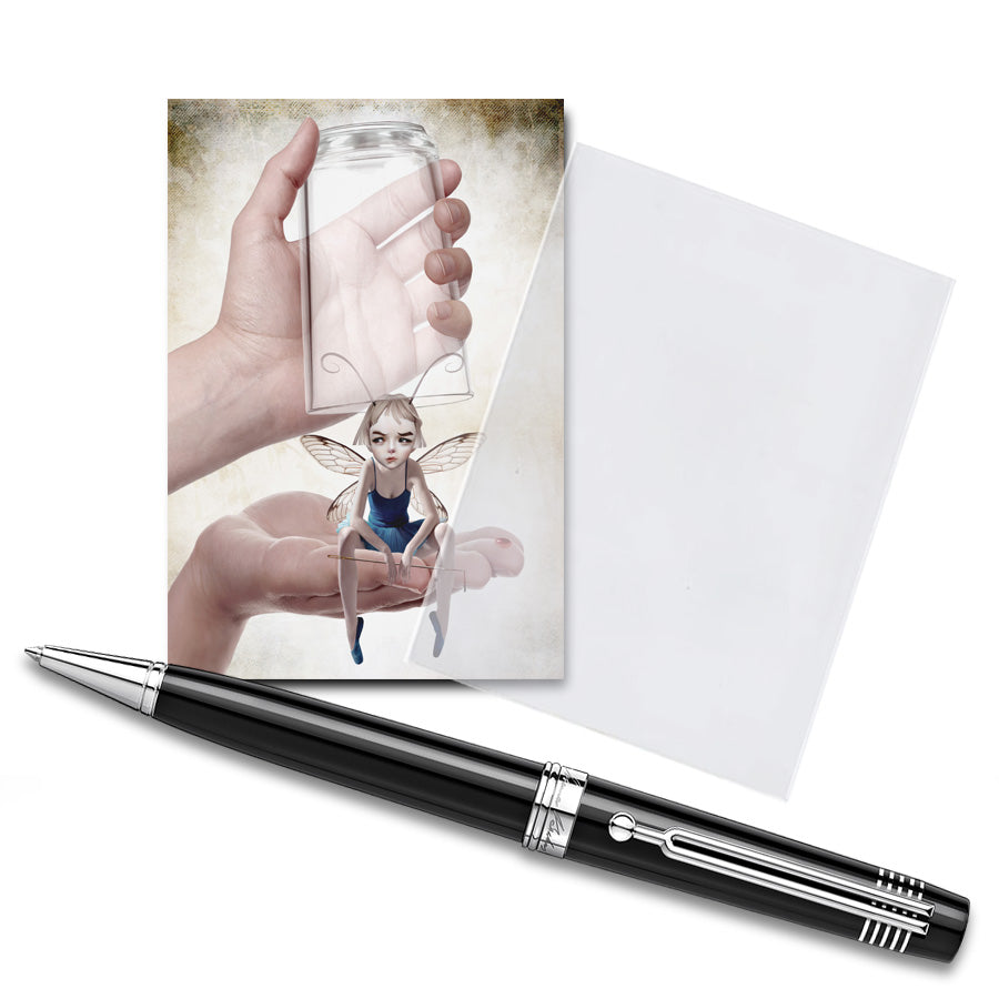 Fairy ACEO card in a clear sleeve with pen display, featuring quirky fantasy art of a fairy defending herself with a sewing needle