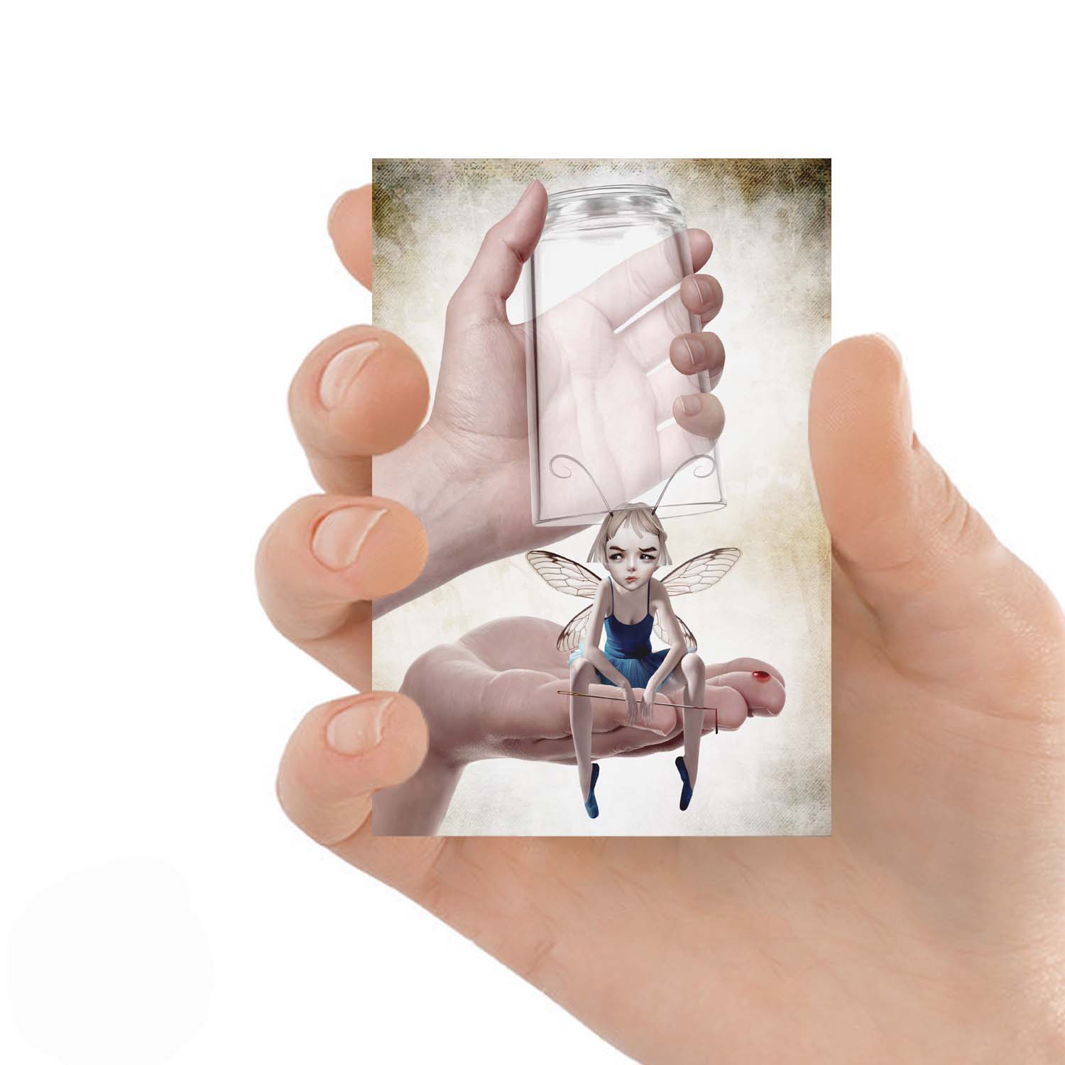 Fairy ACEO card held in hand, showing a fairy with a sewing needle in quirky fantasy art style