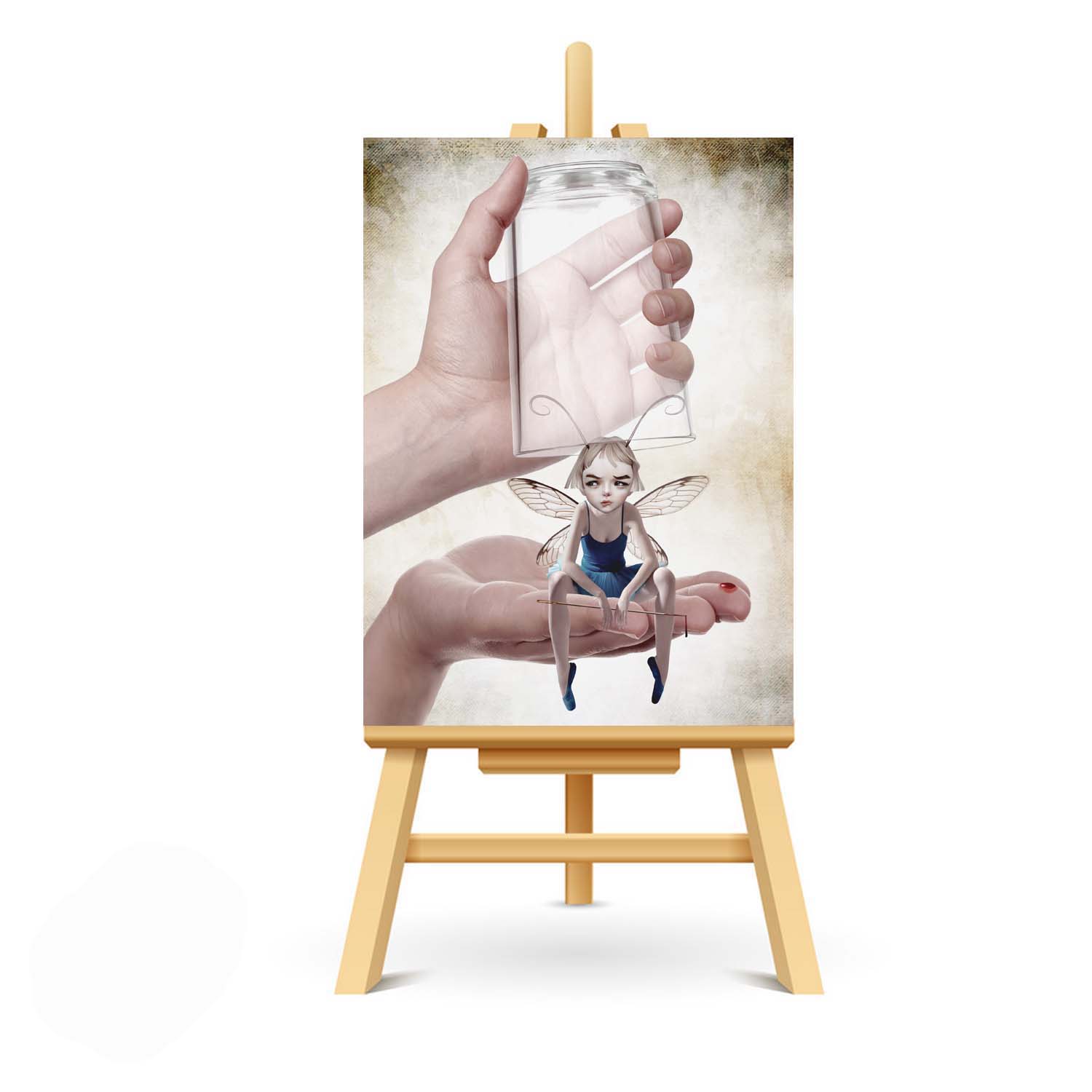 Fairy ACEO card on display, showing a fairy with a sewing needle in quirky fantasy art style.