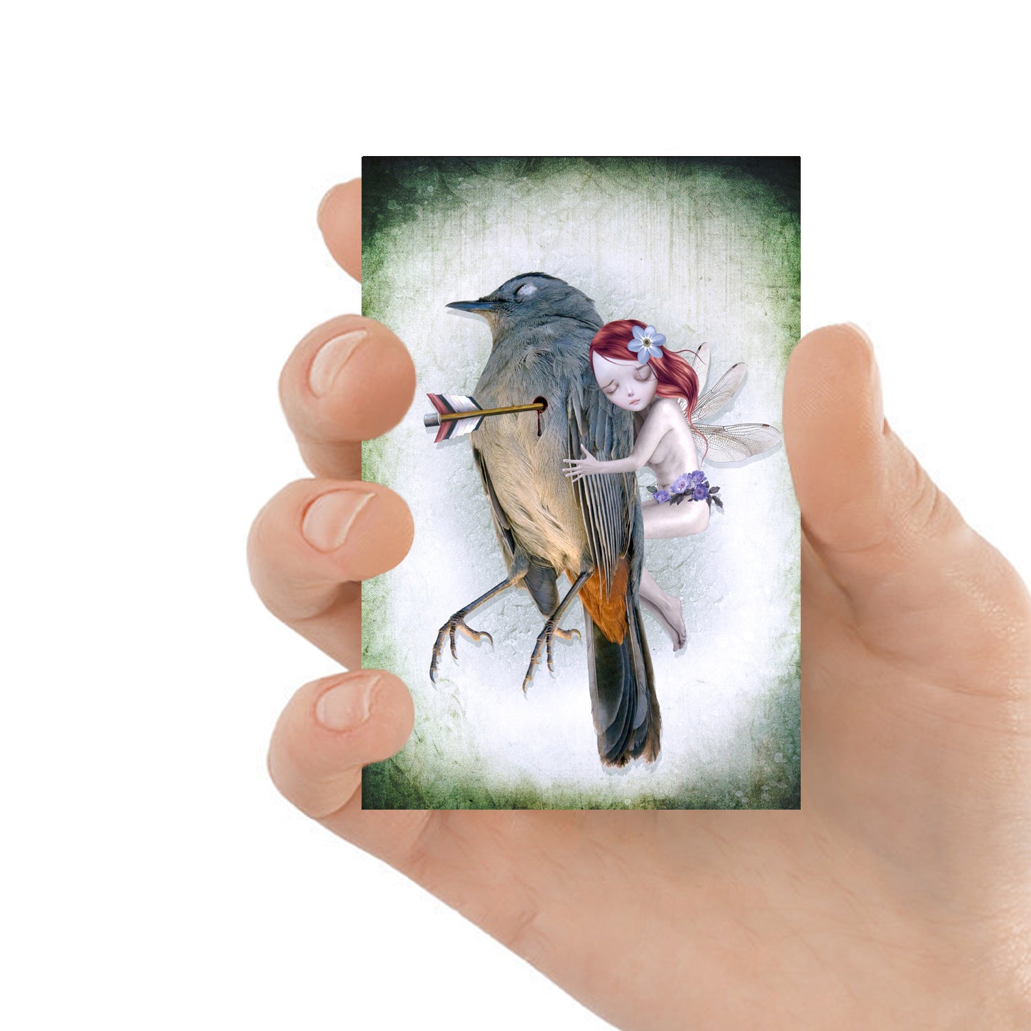 ACEO art card featuring a fairy and bird, held in hand—melancholy art style with dark, whimsical elements.