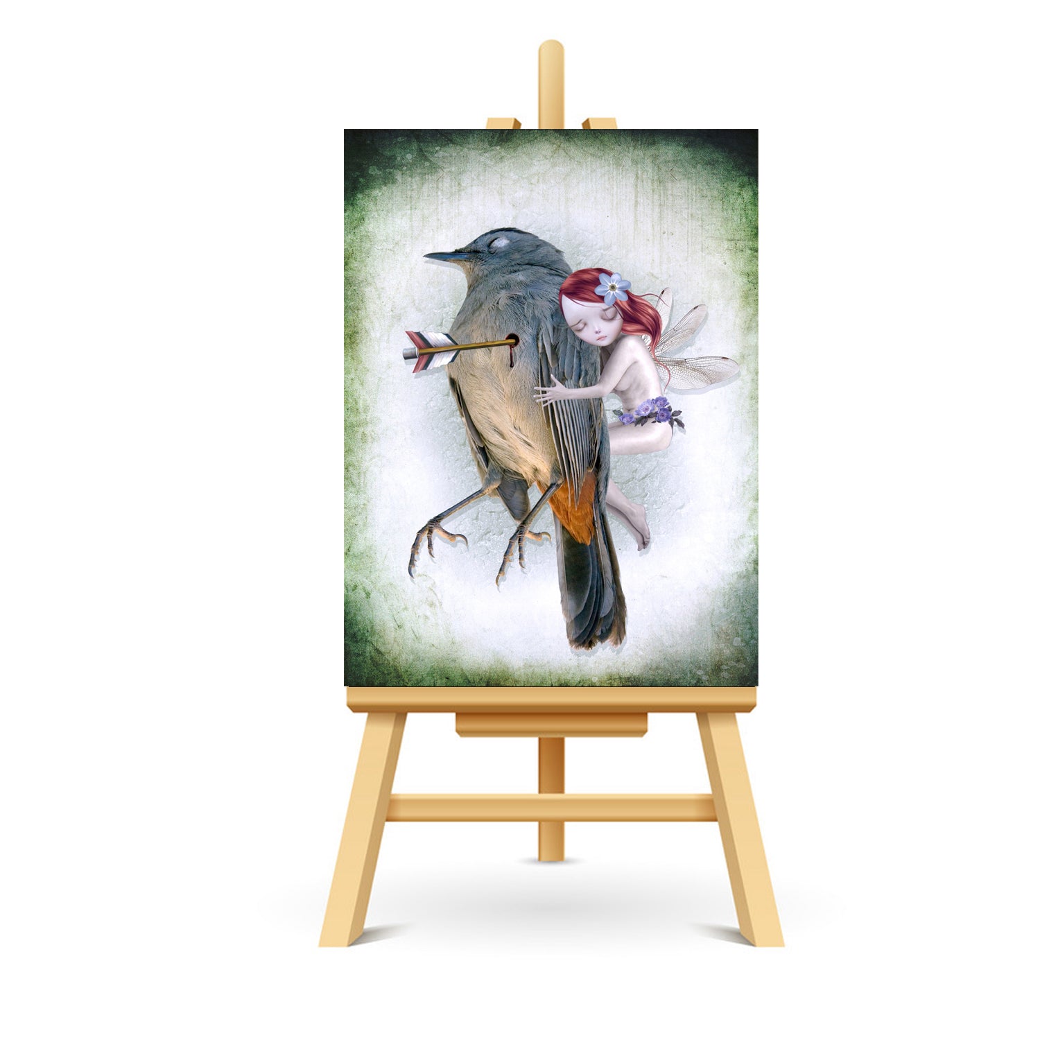 Fairy and bird ACEO art displayed on a stand. fantasy miniature art print showcasing whimsical style.