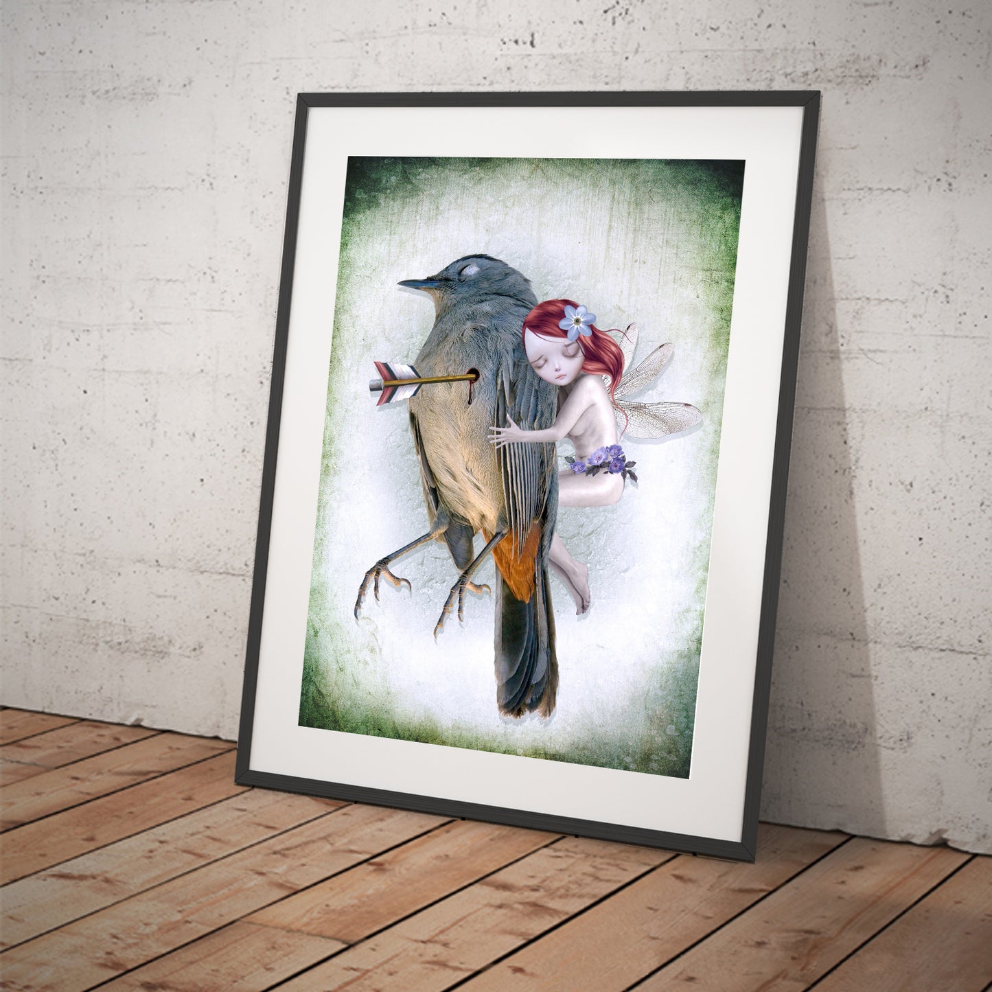Sad art print featuring a fairy and dying bird. Displayed in a tilted frame for a stylish presentation. Perfect for life and death-themed decor.