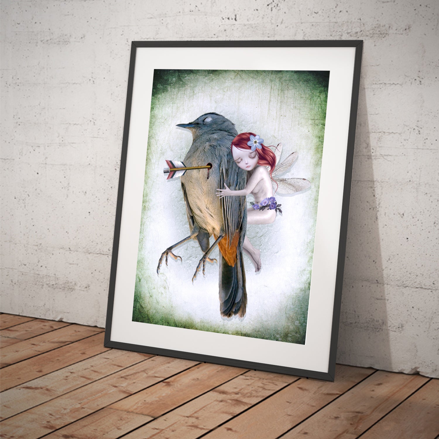 Sad art print featuring a fairy and dying bird. Displayed in a tilted frame for a stylish presentation. Perfect for life and death-themed decor.