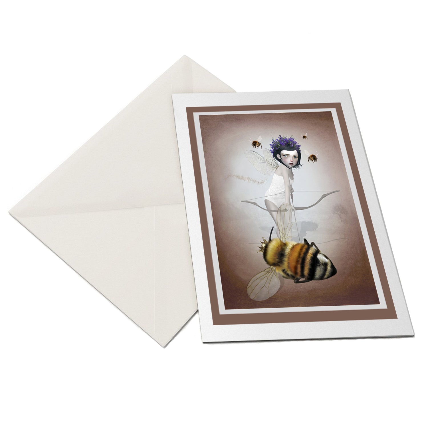 The flat-lay of the fairy and queen bee greeting card and matching envelope is ideal for any occasion.