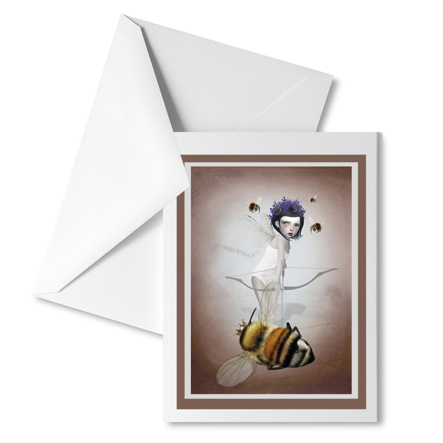 Fairy And Queen Bee greeting card with matching envelope, perfect for sending a fantastical, whimsical message.