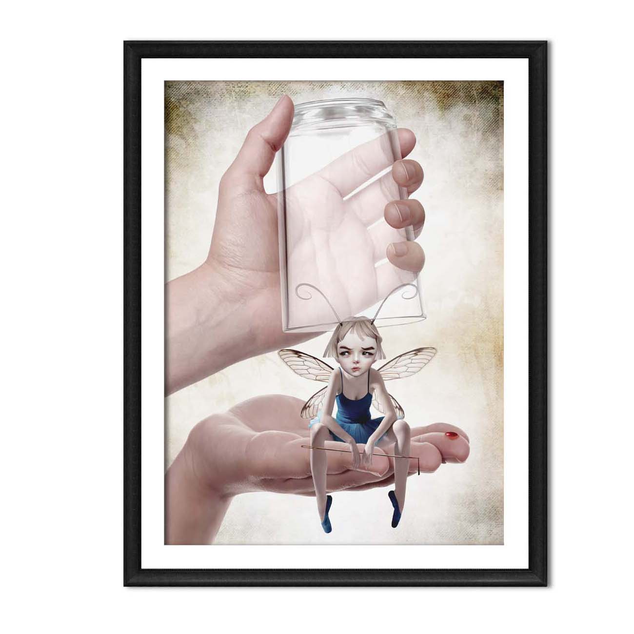 Fairy art print in black frame, featuring a fairy defending herself with a sewing needle in a pop surrealism style.
