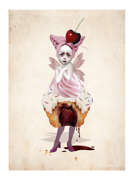 Surreal fantasy art print of a sad cupcake fairy with pink frosting hair, a cherry on top, and delicate wings. Whimsical and gothic-inspired illustration, perfect for unique wall decor. Unframed print.